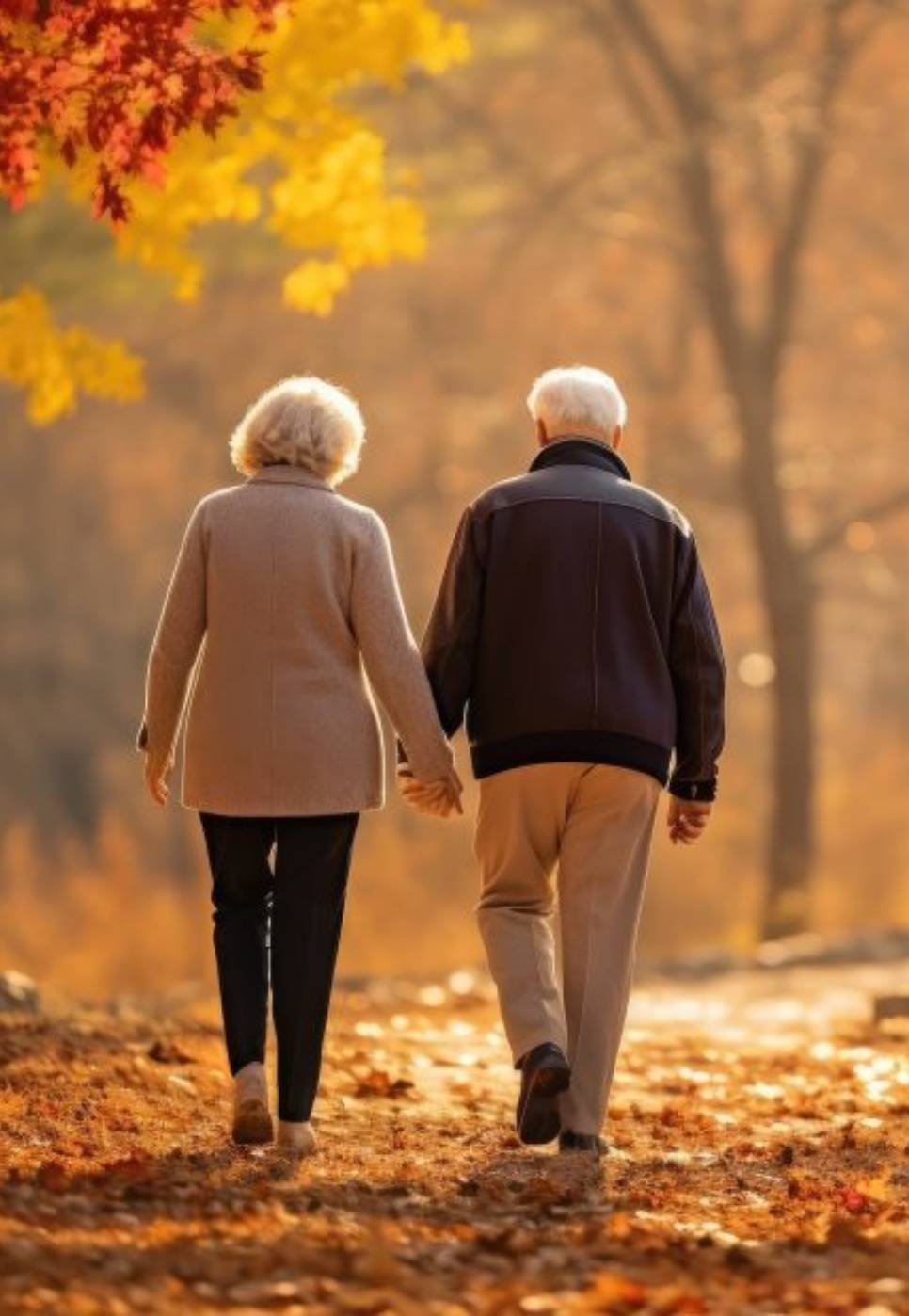 elderly couple walking away
